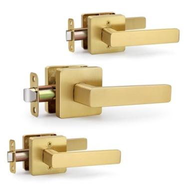 Imagem de LOQRON Puxadores de porta dourados de passagem quadrada (sem fechadura e chave), maçaneta dourada resistente sem travamento para banheiro e armário interno, latão acetinado, pacote com 3