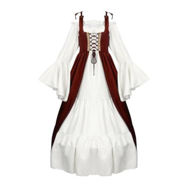 Imagem de Masbird Vestido medieval feminino medieval renascentista retrô casual ombro de fora manga flare vestido evasê, Vermelho, M