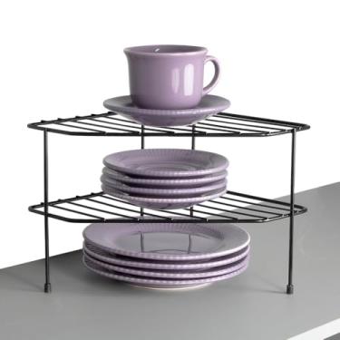 Imagem de Prateleiras Divisora de Prato Organizador de Armário Cozinha Vários Modelos Resistente em Aço Preto Branco Quadrado, de Canto Duplo p/Armários, Duplo Fiver (Preto, Cantoneira)