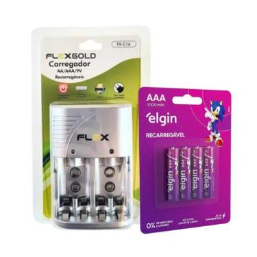 Imagem de Carregador De Pilhas Aa/aaa/9v Auto Stop+ 4 Pilhas Aaa 1000 Mah Elgin
