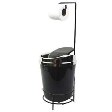 Imagem de Suporte Porta Papel Higiênico lixeira Preto 5L Com Tampa Basculante Ba