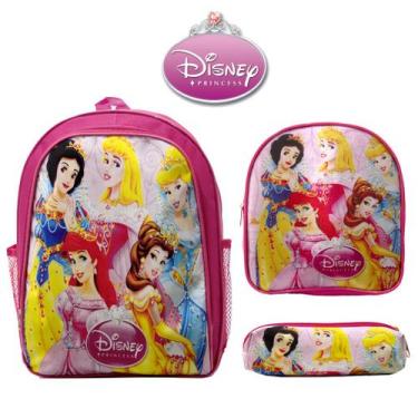 Imagem de Kit Mochila Escolar Feminina Juvenil Costas Princesas Rosa - TOYS 2U