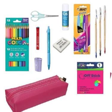 Imagem de Kit Material Escolar Estojo Canetas Lapiseira Tesoura e Cola - Multico