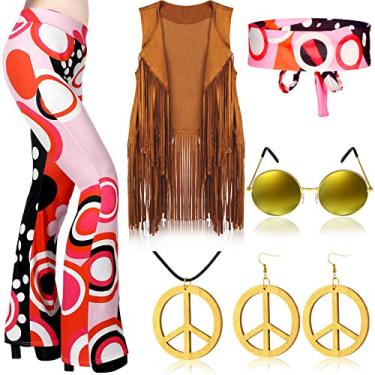Imagem de Haull Conjunto de 7 peças de roupas femininas hippie discoteca dos anos 60, 70, conjunto de fantasia de Halloween, calça rodada, colete com franja, sinal de paz, Multicor, M