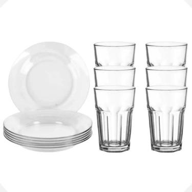 Imagem de Conjunto Cozinha 12 Pratos Fundo De Vidro + 06 Copos - Ladiv Comercial
