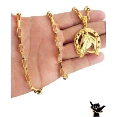 Imagem de Corrente Banhado a Ouro Tijolinho 6mm + Pingente Ferradura - ToJoia18k