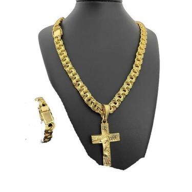 Imagem de Corrente Friso 12mm + Pulseira + Pingente - Banhado a Ouro - Tojoia18K