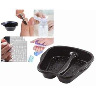 Imagem de Kit Manicure Bacia Escova Espatula Porta Acetona Adesivo Pote Preto 7 