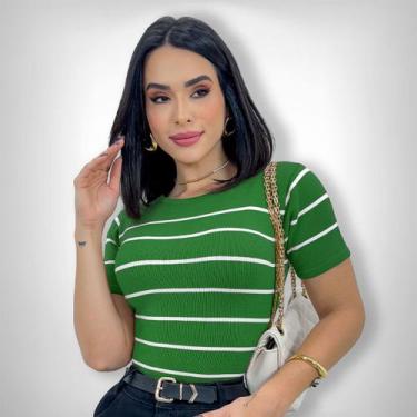 Imagem de Cropped Blusa Listrada Manga Curta Tricot Modal Blogueira - Swiss Bout