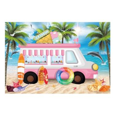 Imagem de Funnytree 2,1 x 1,5 m Pano de fundo para festa de sorvete, loja de sobremesas, caminhão, fotografia, cenário de verão, Havaí, praia, litoral, carro, bebê, meninas, crianças, decoração de mesa de bolo, faixa para estúdio de foto