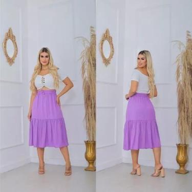 Imagem de Saia Midi Gode Cintura Alta Rodada Em Viscolinho - LILAS - CLICK TUDO,