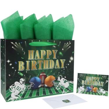 Imagem de Conjunto de bolsa de presente de aniversário grande com tema de futebol de 33 cm com alças, cartão comemorativo, papel verde e adesivos para homens, meninos, crianças, adolescentes, design de fã de