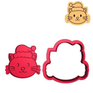 Imagem de Cortador Marcador Cabeça Gato Gorro Papai Noel Natal - DOCE IMPRESSO, 