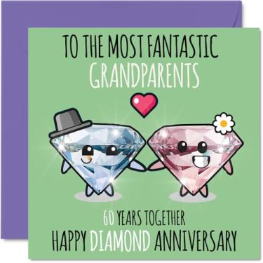 Imagem de Stuff4 Cartão de aniversário de diamante fofo para avós - 60 anos juntos - Cartões felizes de aniversário de 60 anos de casamento para vovô avó babá, cartões comemorativos de 14 x 14 cm para