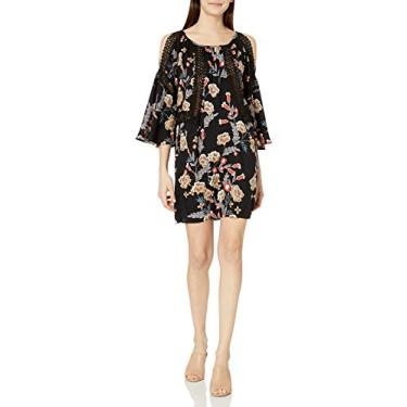 Imagem de Angie Vestido feminino de crochê preto com estampa floral e ombros frios, Preto, M