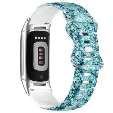 Imagem de Pulseira de silicone macio compatível com Fitbit Charge 5/Fitbit Charge 6 (textura mármore azul) pulseira esportiva macia para mulheres e homens