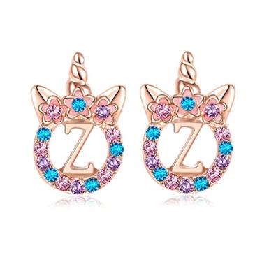 Imagem de TRWWELL Brincos de unicórnio hipoalergênicos com inicial de ouro rosa com strass e letra inicial para meninas, unicórnios, joias presentes para crianças pequenas, Zinco, strass