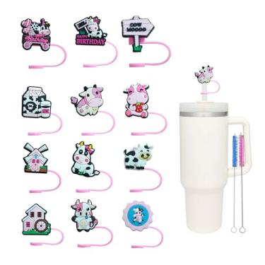 Imagem de 12 capas fofas de palha de vaca para copo Stanley, tampas de canudo de silicone de 0,4 pol/10 mm para copo Stanley de 30 e 1,134 g com alça, tampas reutilizáveis à prova de poeira, acessórios fofos