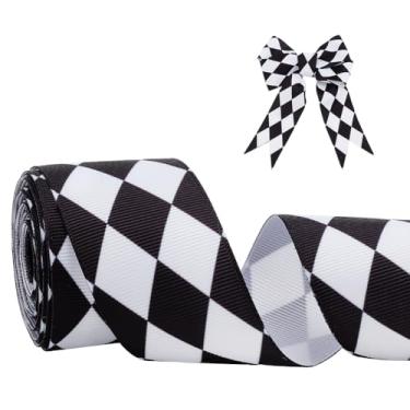 Imagem de PH PandaHall Fita xadrez preta e branca de 12 metros, fita quadriculada de diamante de 3,8 cm, fita de gorgorão com estampa de losango, fitas decorativas para decoração de corrida, artesanato,