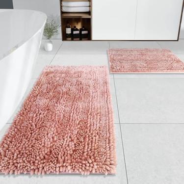 Imagem de RULLENY Conjunto de 2 peças de tapetes de banheiro desgrenhados, tapetes de banheiro luxuosos de chenille de manteiga de chenille tapete de chuveiro antiderrapante, conjuntos de tapetes de banho laváveis super absorventes (rosa sujo, 47 x 20 polegadas + 16 x 24 polegadas)