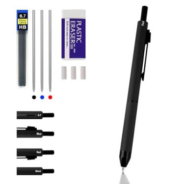 Imagem de RANBOS Caneta multifuncional 4 em 1 de quatro cores, caneta esferográfica preta/vermelha/azul e lapiseira de 0,7 mm, caneta de metal, ótimo presente para amigos, entes queridos (preto)