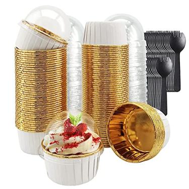 Imagem de Forros de cupcake com tampas de cúpula, pacote com 100, LNYZQUS 156 g, latas de cupcake de folha de 160 ml, latas de muffin de ramequins descartáveis, suportes de cupcake grandes, com colheres -