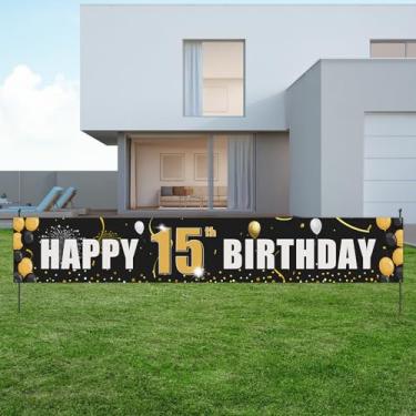 Imagem de Helewilk Banner de feliz aniversário de 15 anos, placa de jardim de decoração de festa de 15 anos para adolescentes, meninos e meninas, grande faixa de quintal de quinze anos, adereços de cabine de