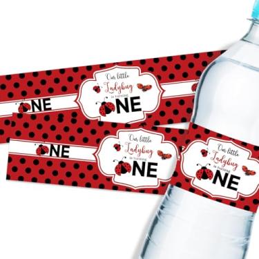 Imagem de 32 peças Our Little Ladybug is Turning One Etiquetas de garrafa de água, adesivos de garrafa de água de joaninha de primeiro aniversário, embalagens de garrafa de joaninha vermelha de um ano,