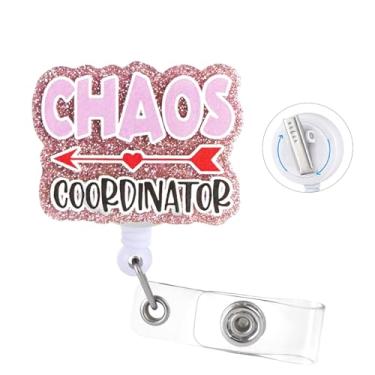 Imagem de Carretel de crachá de coordenador Pink Chaos com clipe giratório jacaré para identidade, carretel de crachá com glitter, clipe retrátil para RN LPN CNA enfermeira assistente médica equipe médica