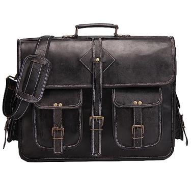 Imagem de Bolsa de couro vintage para laptop masculina de flor integral grande bolsa mensageiro para homens 45,7 cm com visual rústico pasta marrom, Preto, Large, Vintage