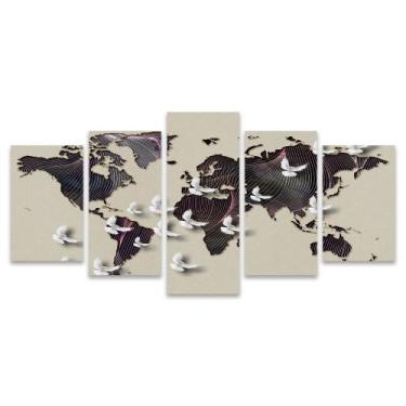 Imagem de Quadro Mosaico Decorativo Mapa Mundi Linhas Pombas Brancas Paz Bege - 