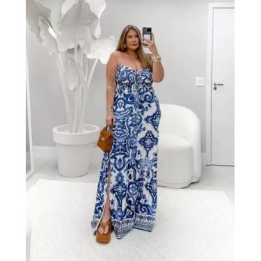 Imagem de Vestido Longo Estampado Lastex sem alça Plus Size - JOSY MODASS, Azul,