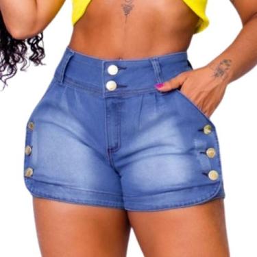 Imagem de Shorts Jeans Feminino Cós Alto Cintura Alta Bolsos Stretch Azul Claro 