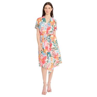 Imagem de Maggy London Vestido feminino de algodão voile midi esvoaçante - elegante decote em V vestido de convidada de casamento de verão, marfim/rosa, Marfim/rosa, 10