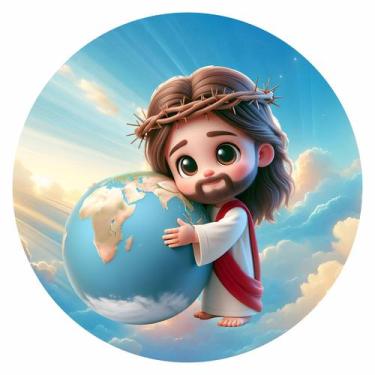 Imagem de Painel Sublimado Redondo Jesus Infantil Planeta Terra 150x150cm  Decor