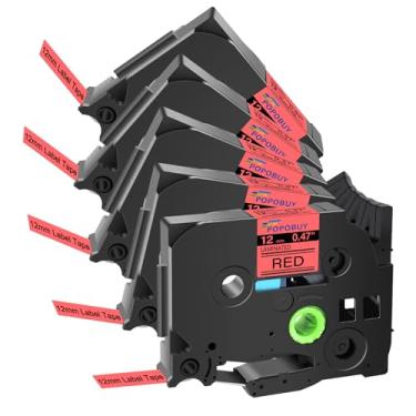 Imagem de POPOBUY Fita Vermelha Laminada TZ TZe 12 mm 0,47 Compatível com Brother P Touch TZ431 TZ-431 TZe-431 TZe431 Etiquetadora para PTD210 PTD400 PTD220 PTH110 Etiquetadora de Etiquetas, Pacote com 5 Preto