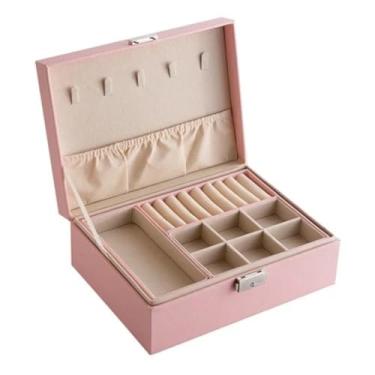 Imagem de Caixa Porta Joia Grande 2 Andares Brincos Pulseira Colar com Tranca na Cor Rosa
