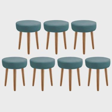 Imagem de Kit 07 Banqueta Alta Julia Industrial 55cm Pé Palito Caramelo Suede Azul Turquesa - Ahz Móveis