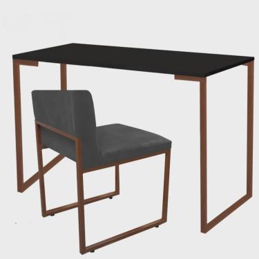 Imagem de Kit Mesa Escrivaninha Stan e Cadeira Lee Industrial Escritório Tampo Preto Bronze Tecido Sintético Cinza - Ahz Móveis