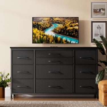 Imagem de Takywep 10 gavetas para quarto, cômoda com suporte de TV de 140 cm, cômoda com tomada elétrica para sala de estar, cômoda infantil ampla com gavetas de tecido para roupas, armazenamento, preta