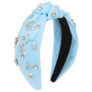 Imagem de Gmmidea Faixa de cabelo com nó oceânico para mulheres, meninas, com contas, concha do mar, estrela-do-mar, sereia, linda faixa de cabelo enfeitada com animais, sereia, decoração de festa de