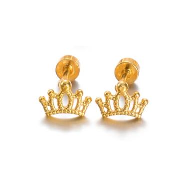 Imagem de DIAMANTIO Brincos de coroa banhados a ouro 18 K – Brincos delicados de princesa real, joias de aço inoxidável hipoalergênicas, brincos elegantes e minimalistas, Small, Latão, Sem pedra preciosa