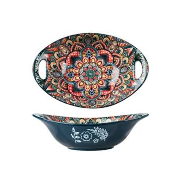 Imagem de Conjunto de louça e utensílios de mesa de cerâmica boêmia, conjunto de tigela e utensílios de mesa - tigela de lingote de orelha dupla de 23 cm