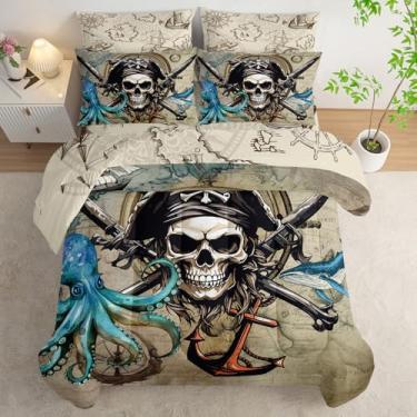 Imagem de AILONEN Jogo de edredom casal com estampa de capitão pirata e caveira 3D, polvo golfinho, tema náutico, lençol de cima, 2 fronhas, 7 peças