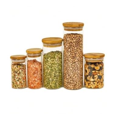Imagem de Kit 5 Potes De Vidro Para Mantimentos Com Tampa Bambu 200ml 250ml 300ml 400ml 550ml