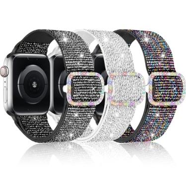 Imagem de Pacote com 3 pulseiras de relógio de nylon brilhante compatíveis com Apple Watch séries 10, 9, 8, 7, 6, 5, 4, 3, 2, 1, SE2, meninas e meninos de 38 mm, 40 mm, 41 mm, 42 mm, 44 mm, 45 mm, 46 mm, SE