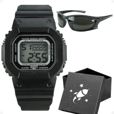 Imagem de Relogio Infantil Menino Preto Digital Led + Oculos + Caixa