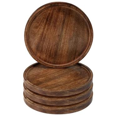 Imagem de The Wooden Town Conjunto de 4 pratos de madeira, prato redondo de madeira de manga natural rústica de 28 cm, feito à mão, versátil, durável, sustentável, para uso diário ou como piquenique e servidor