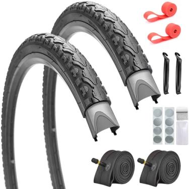 Imagem de SIMEIQI Pacote com 2 pneus de bicicleta de 66 cm x 4,4 cm com tubos internos de 66 cm x 4,4 cm/5,4 cm com tiras de aro adesivos sem gluless para bicicletas urbanas híbridas urbanas (26 x 1,75 com