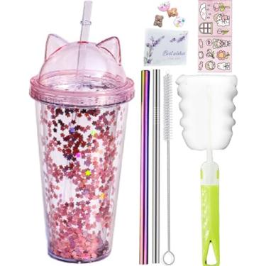 Imagem de viva story Copo de viagem de gato com canudo chocolate copo bebendo gelo leite caneca de café copo de plástico para piquenique festa presente de aniversário (gato rosa brilhante 1, 450 ml)